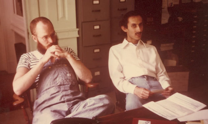 Pondering the imponderable... Staff member Tom Sibold (L) with Jack Kornfield.