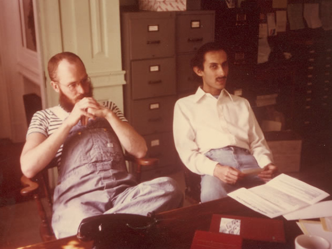 Pondering the imponderable... Staff member Tom Sibold (L) with Jack Kornfield.