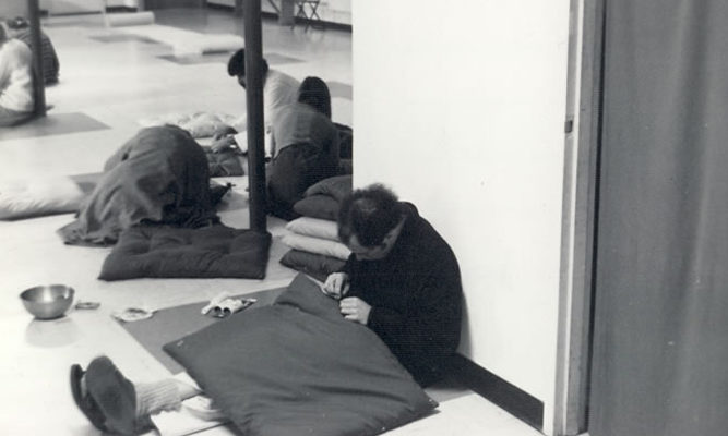 Staff sew meditation mats (known as zabutons) for the Meditation Hall, 1977.