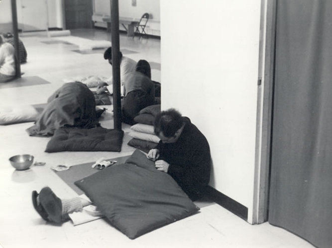 Staff sew meditation mats (known as zabutons) for the Meditation Hall, 1977.