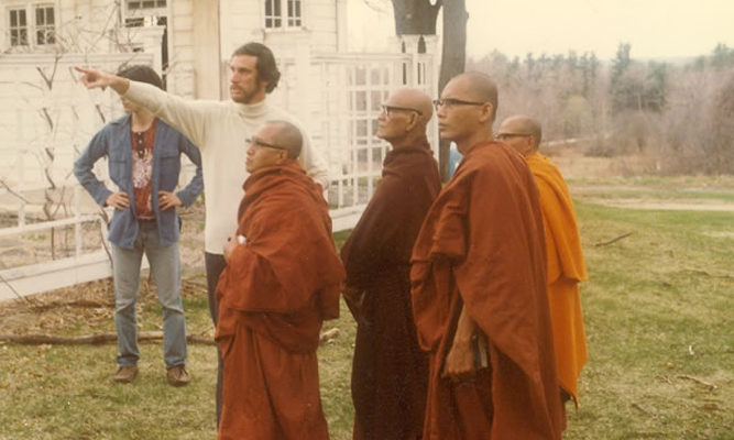 Joseph Goldstein gives Mahasi Sayadaw (2nd from left in robes) and his monks a tour of the IMS grounds.