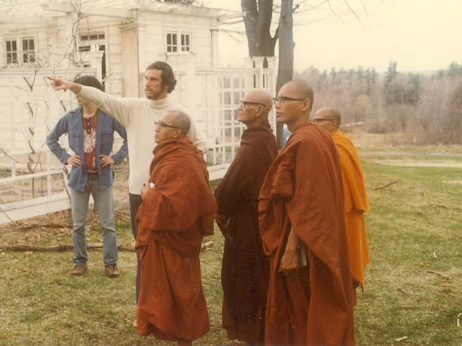 Joseph Goldstein gives Mahasi Sayadaw (2nd from left in robes) and his monks a tour of the IMS grounds.