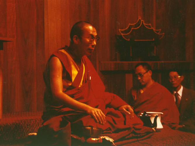 His Holiness the Dalai Lama gives a talk in the IMS meditation hall.