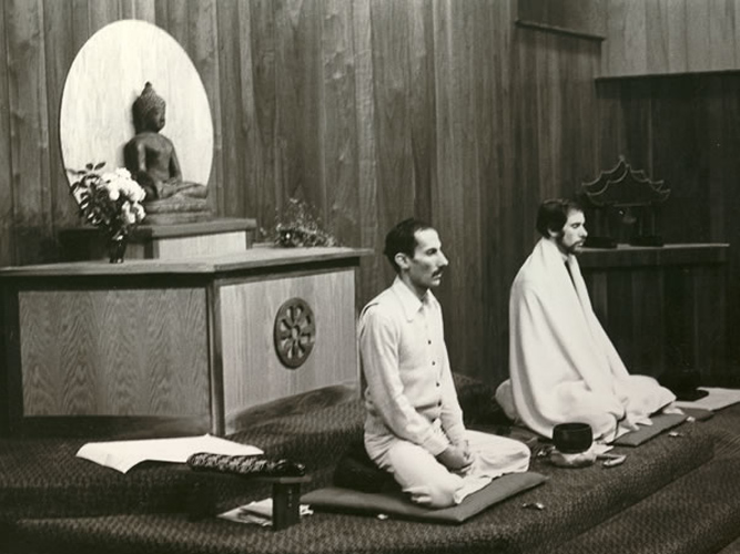 Jack Kornfield and Joseph Goldstein teaching in the meditation hall.