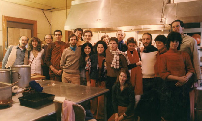 IMS staff, with Alan Clements in monastic robes, 1983.