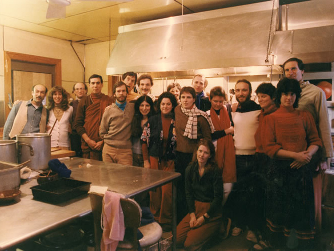 IMS staff, with Alan Clements in monastic robes, 1983.