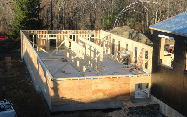 The framing for the first floor of the new Retreat Center dormitory, November 2012.