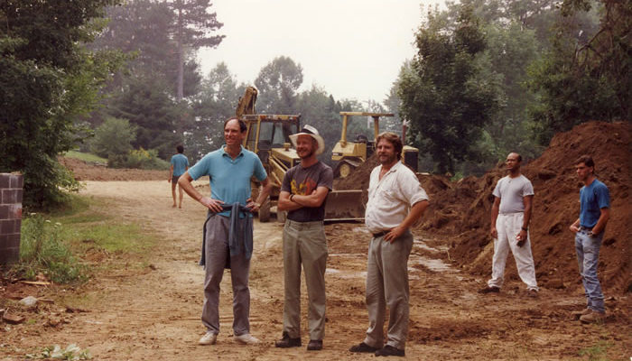 Joseph Goldstein with staff members Bob Trammell and Andrew Olendzki watch the start of 'Yogi Park' in the grounds of IMS.