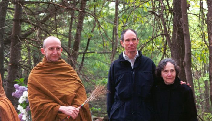 Ajahn Amaro, Joseph Goldstein and Sarah Doering at a blessing ceremony, May 16, 2001 on the site of the Forest Refuge.