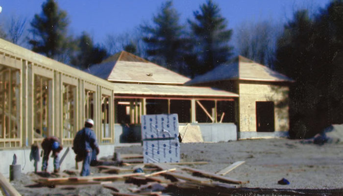 Under construction: the Forest Refuge meditation hall, 2002.