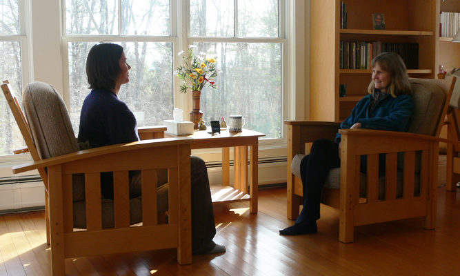 Interviews with Forest Refuge teachers about meditation take place in the Forest Refuge counsel house.