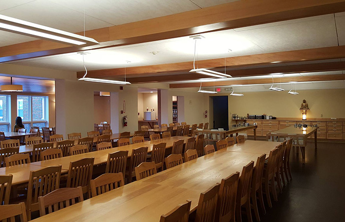 In late December 2015, improvements to the Retreat Center dining room were completed with the installation of ceiling fir trim and lighting, and new acoustical tiles to reduce noise.